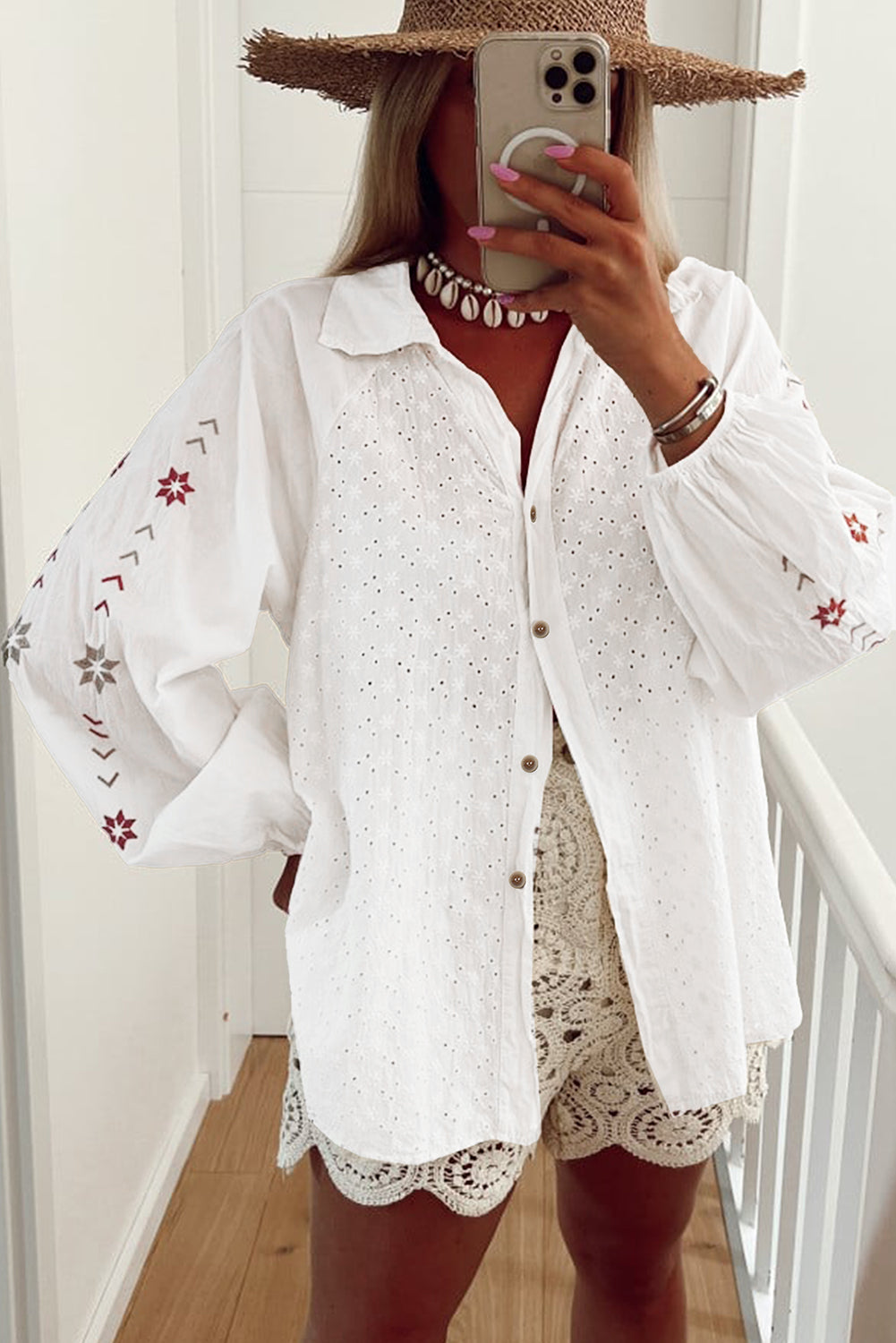 Women's White Floral Embroidered Puff Sleeve Eyelet Patchwork Shirt