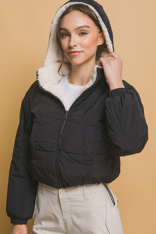 Women's Roped Hooded Cropped Lined Reversible Jacket