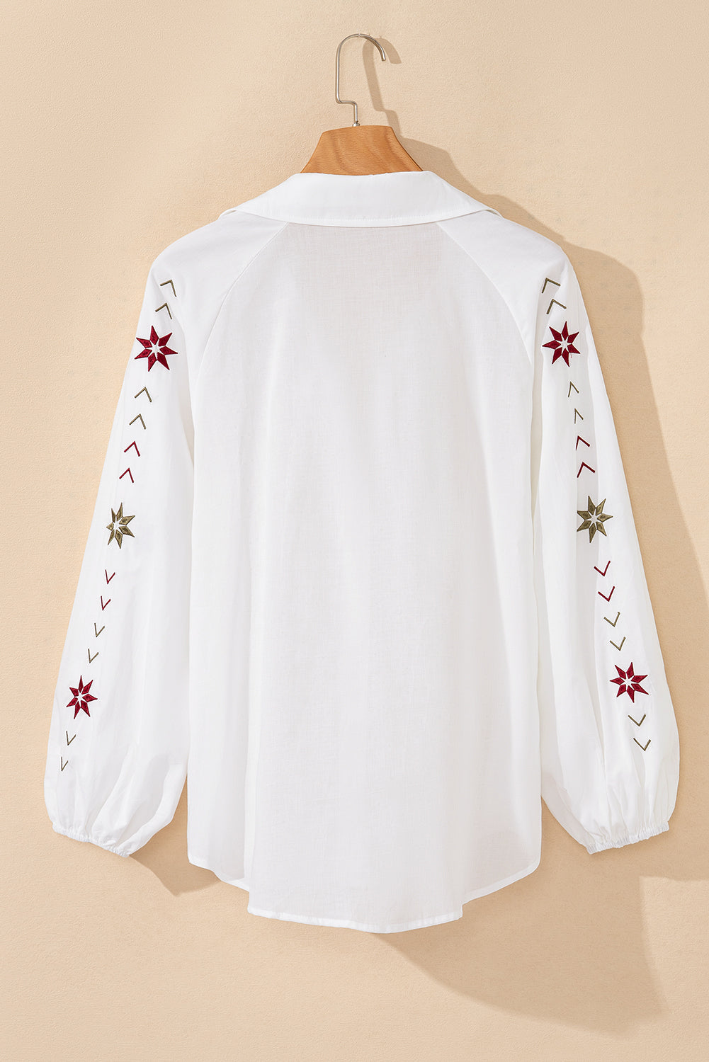 Women's White Floral Embroidered Puff Sleeve Eyelet Patchwork Shirt