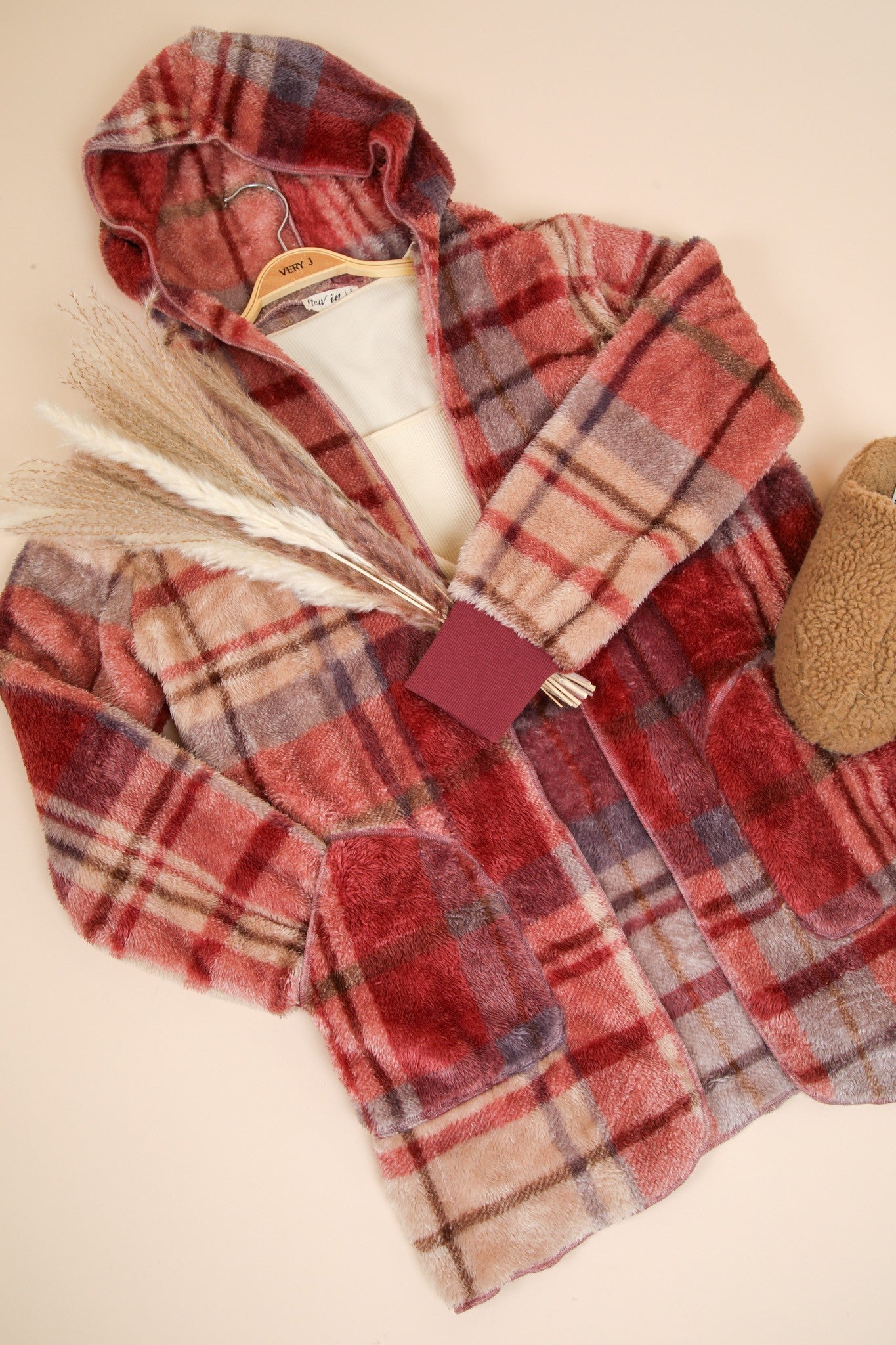 Women's Fuzzy Plaid Long Sleeve Hooded Jacket