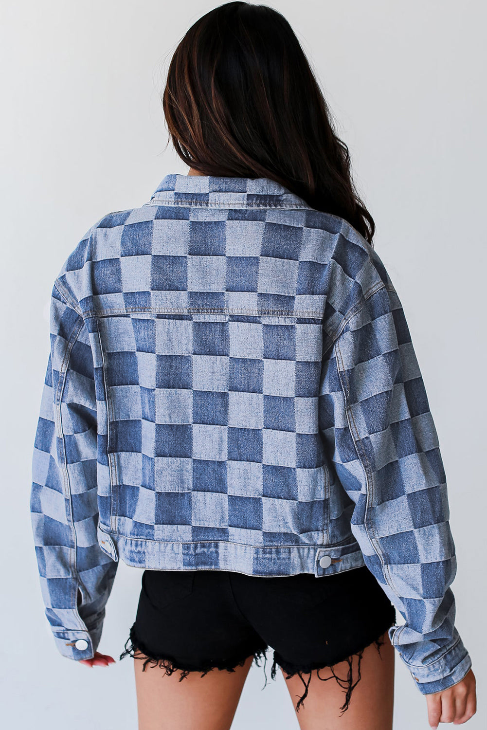 Women's Light Blue Checkered Patchwork Button up Denim Jacket