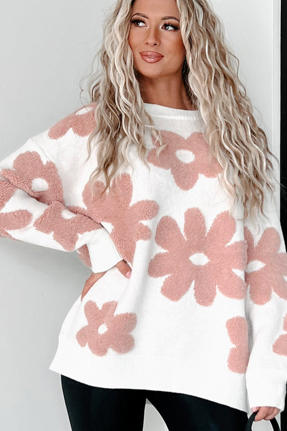 Women's White Textured Flower Drop Shoulder Loose Sweater