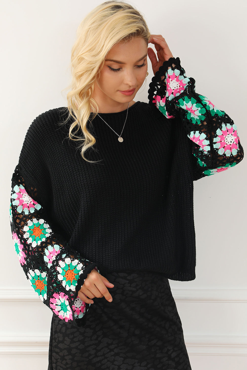 Women's Black Floral Crochet Bell Sleeve Loose Sweater