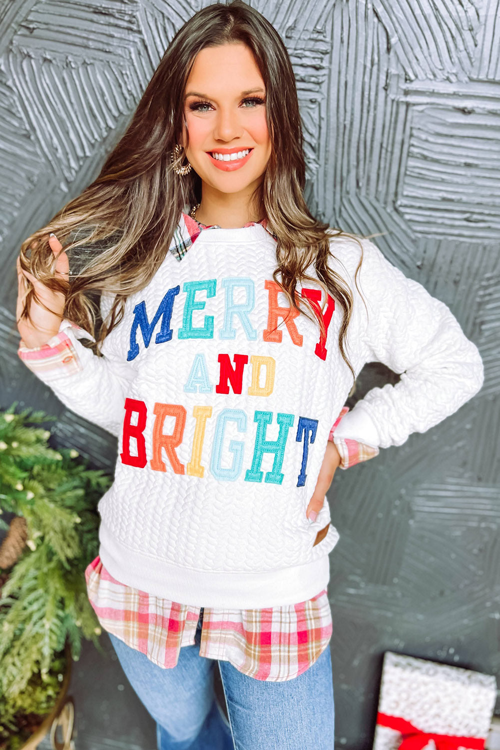 Women's White Merry And Bright Cable Knit Pullover Sweatshirt