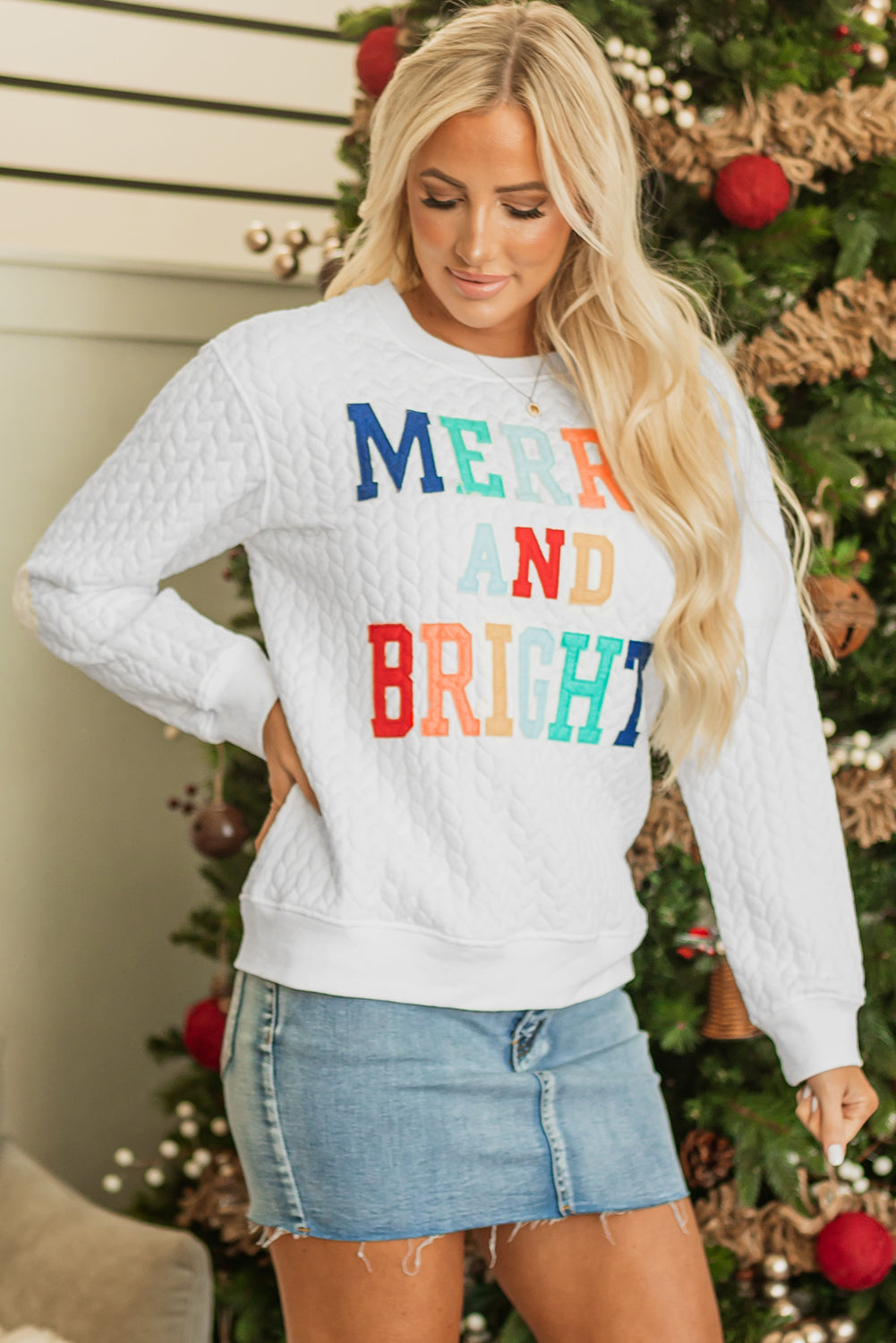 Women's White Merry And Bright Cable Knit Pullover Sweatshirt