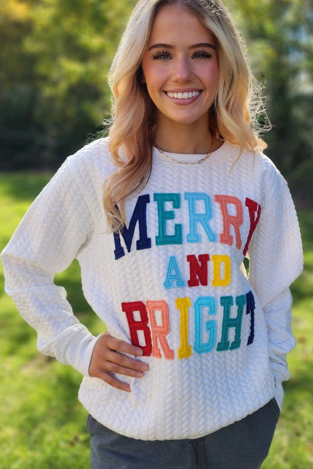 Women's White Merry And Bright Cable Knit Pullover Sweatshirt