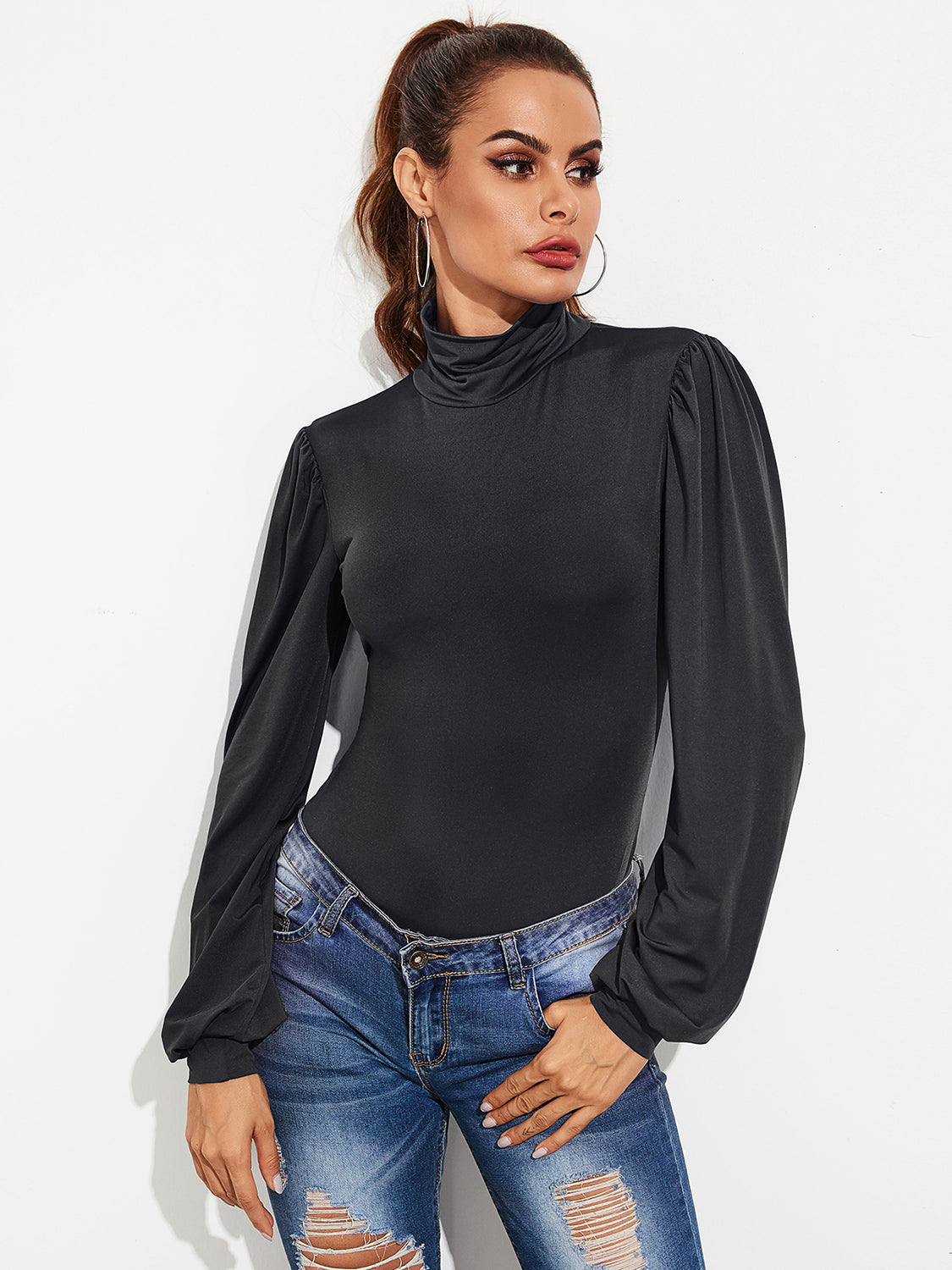 Women's Backless Tie-Waist Turtleneck Lantern Sleeve Thong Bodysuit