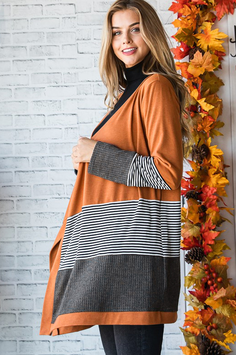 Women's Orange Colorblock Striped Patchwork Open Cardigan