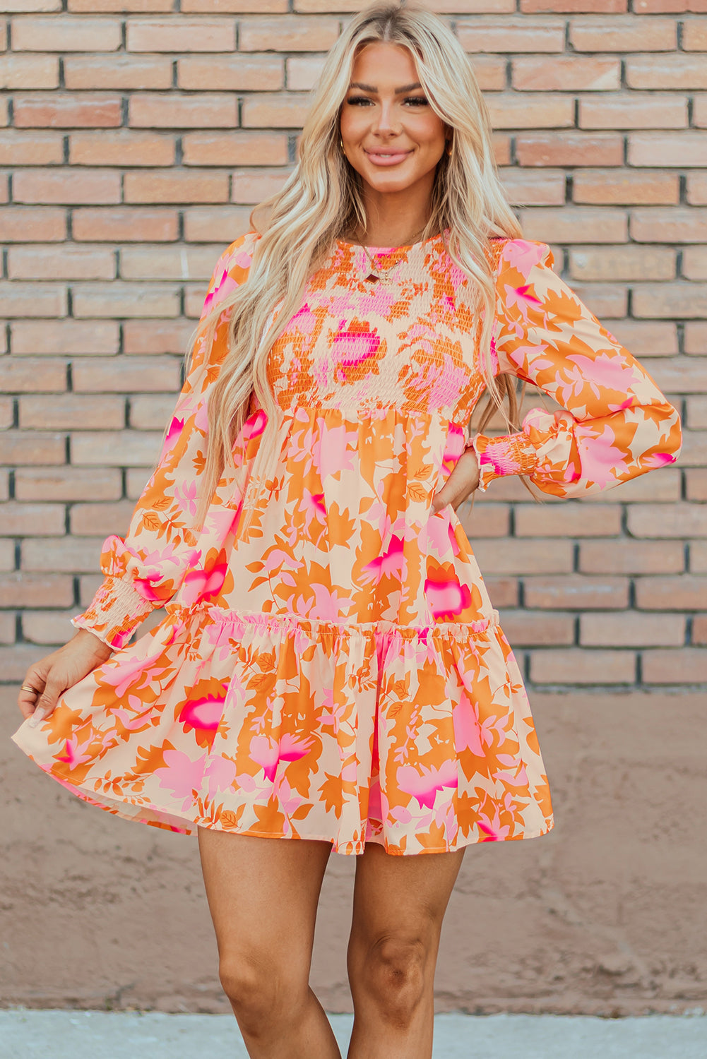 Women's Orange Abstract Print Smocked Lantern Sleeve Ruffle Mini Dress