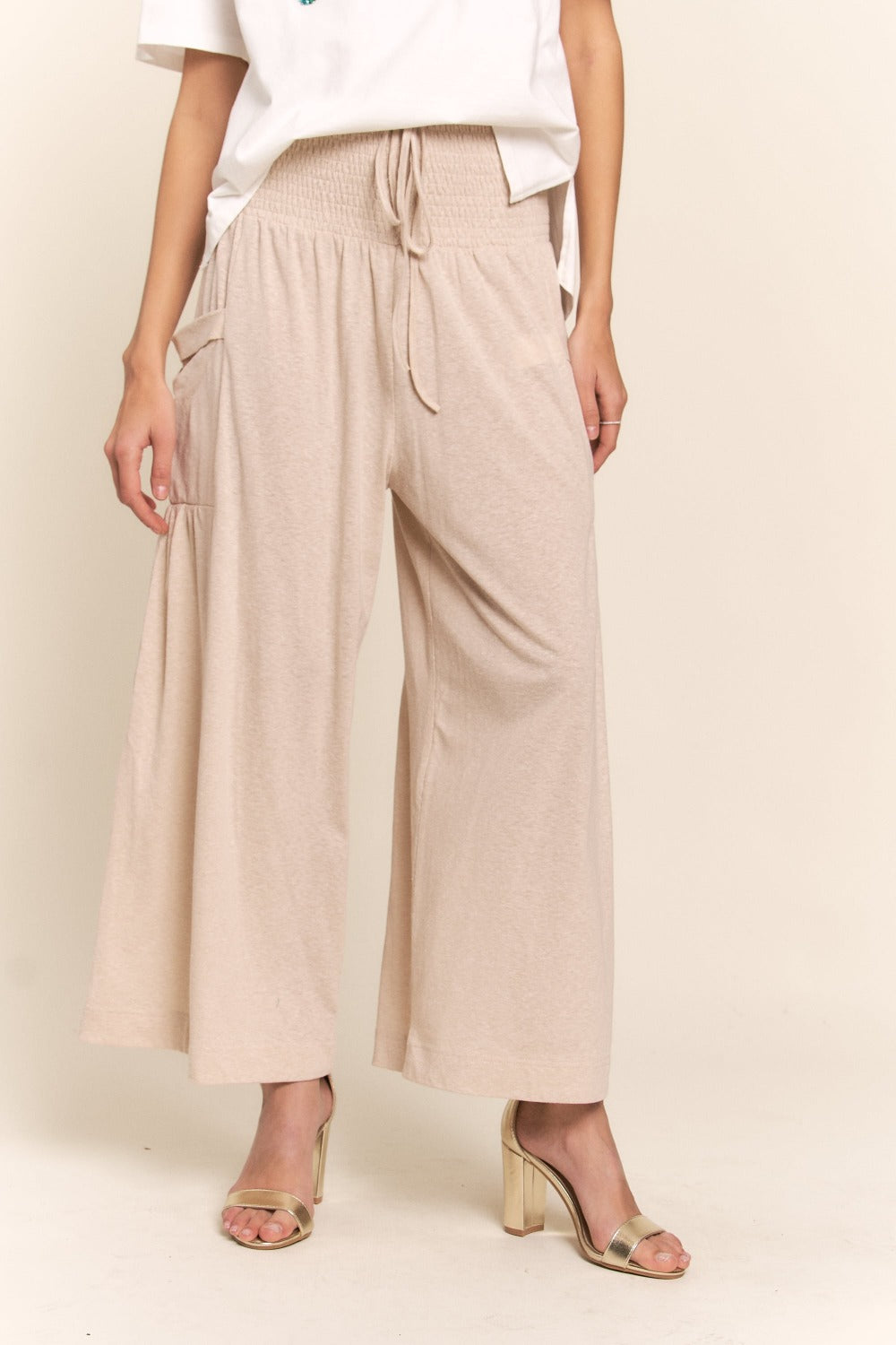 Women's Smocked Waist Boho Wide Leg Pants with Pockets