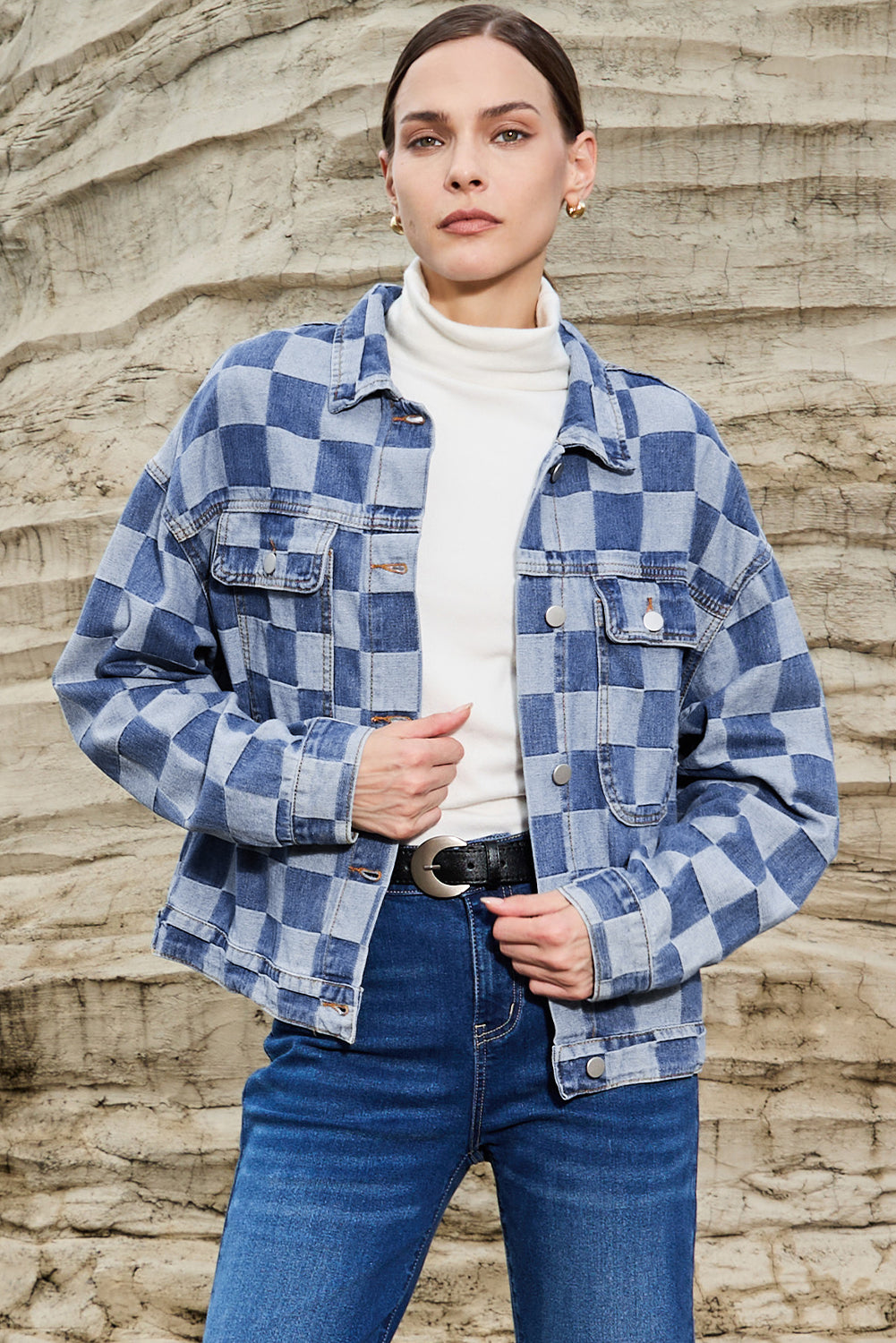 Women's Light Blue Checkered Patchwork Button up Denim Jacket