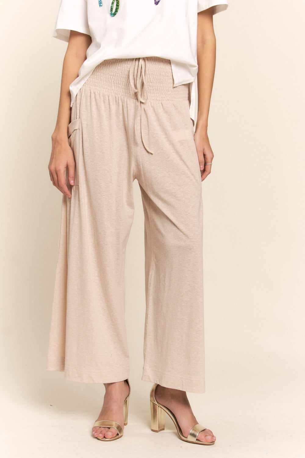 Women's Smocked Waist Boho Wide Leg Pants with Pockets