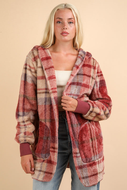 Women's Fuzzy Plaid Long Sleeve Hooded Jacket