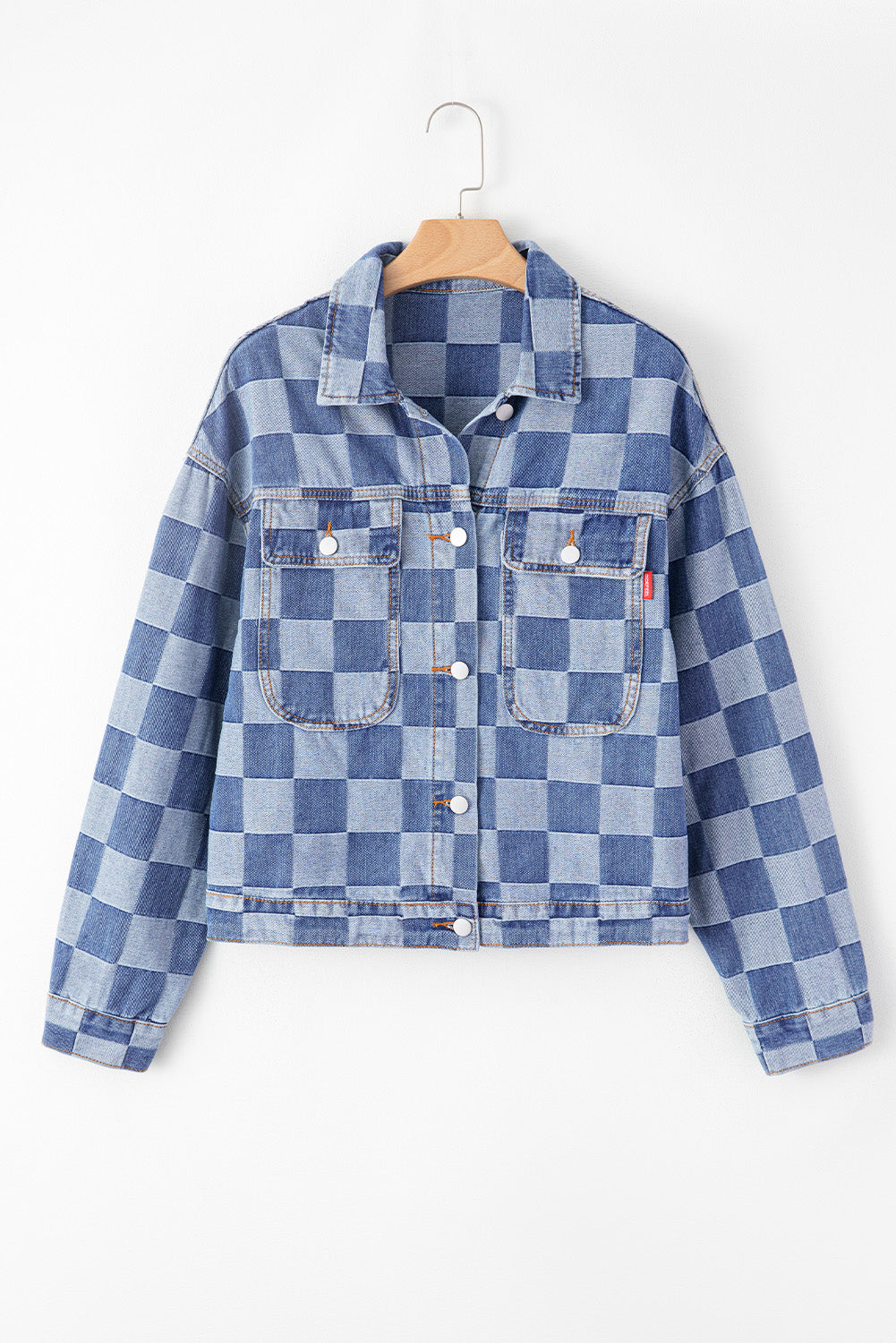 Women's Light Blue Checkered Patchwork Button up Denim Jacket