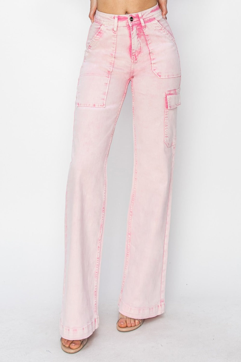 Women's Full Size High Rise Wide Leg Cargo Pocket Jeans in Acid Pink Color Sizes 0-3XL