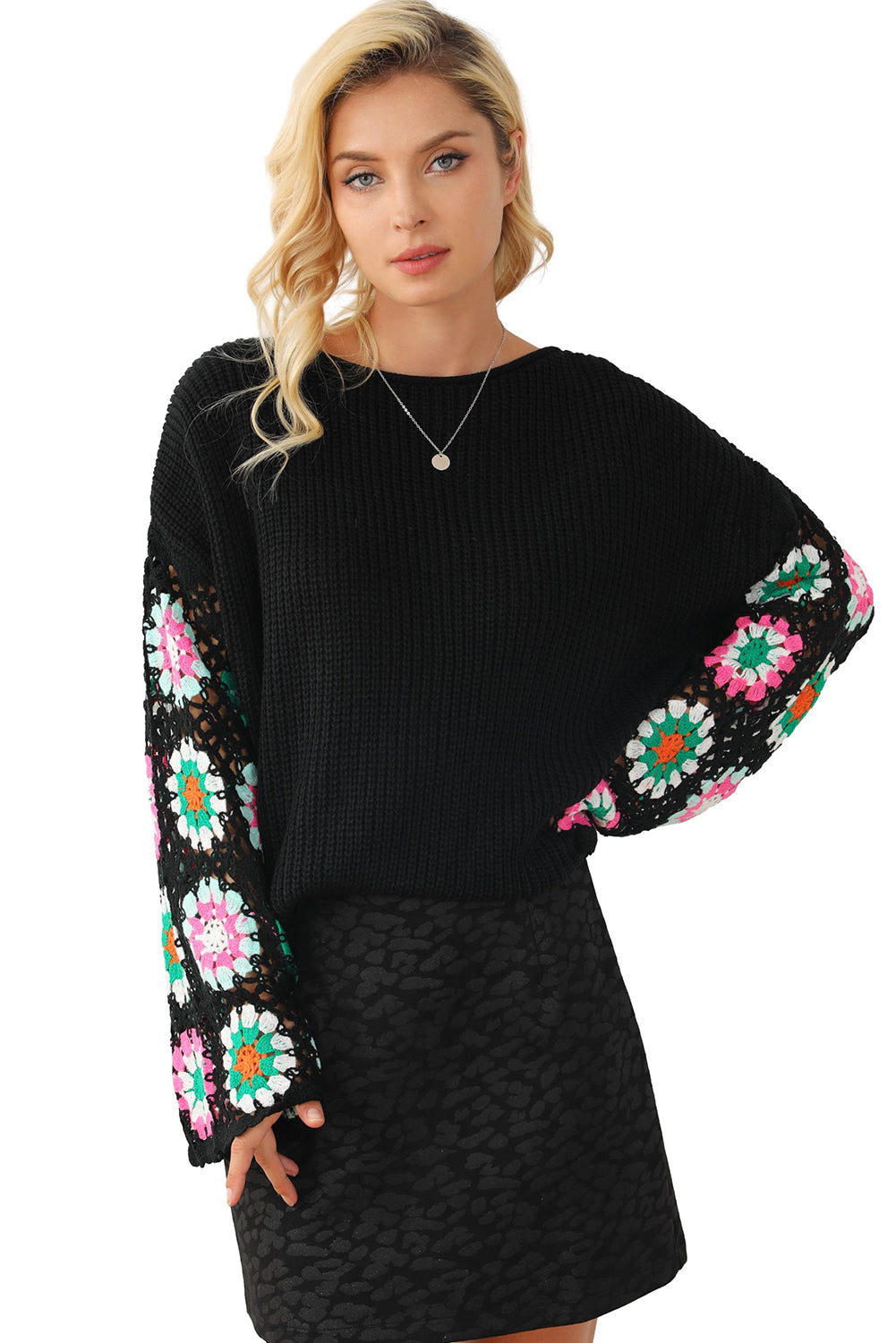 Women's Black Floral Crochet Bell Sleeve Loose Sweater