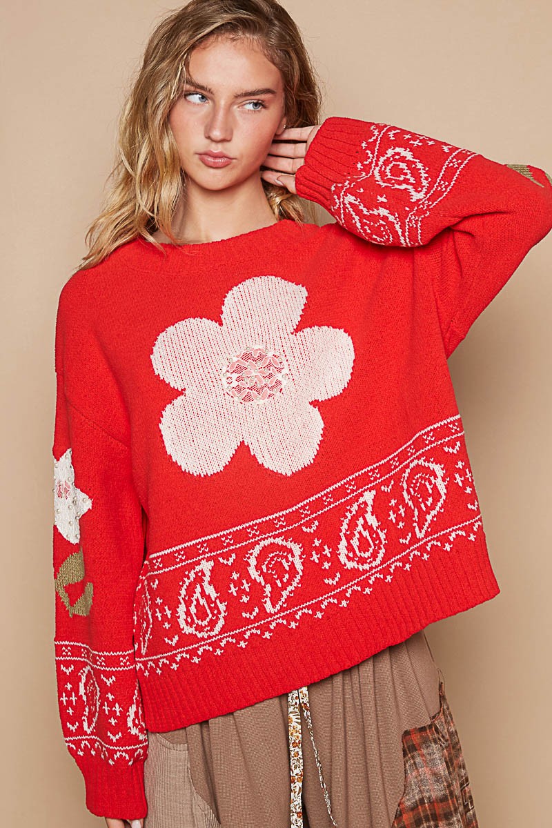 Women's Flower Lace Patch Long Sleeve Sweater