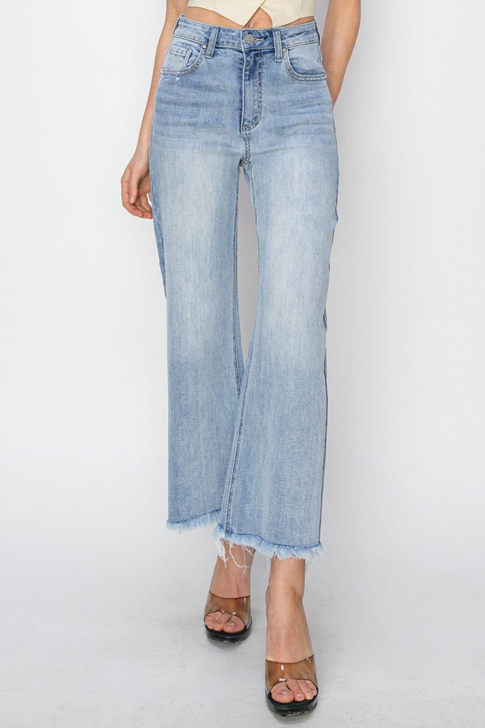 Women's High Rise Crop Wide Fray Hem Jeans