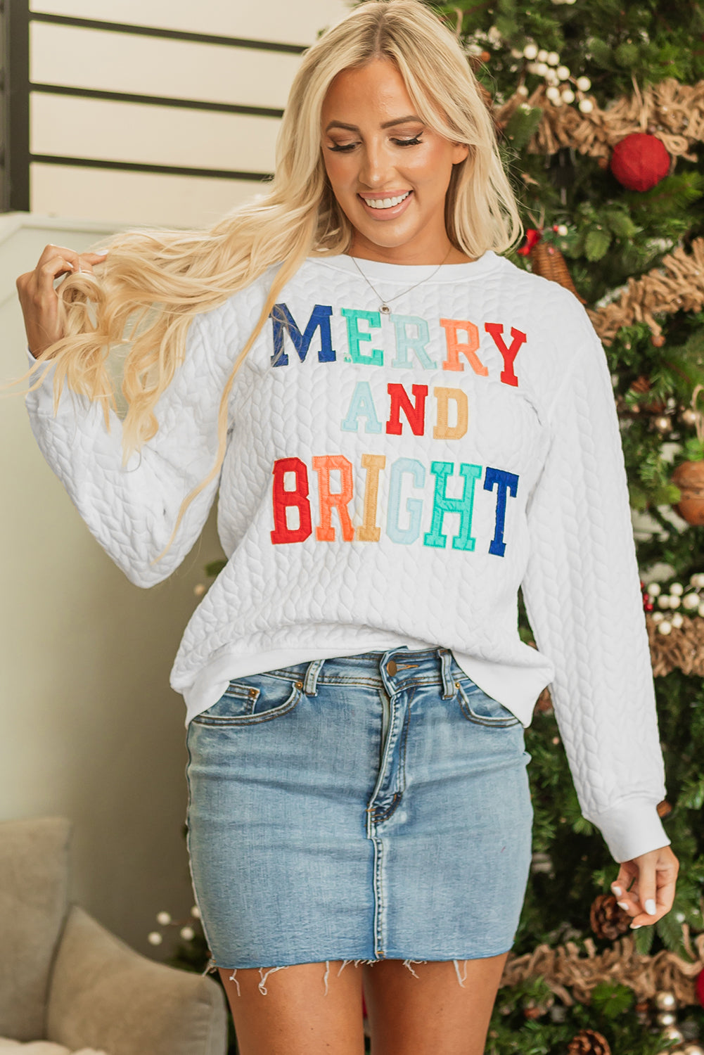 Women's White Merry And Bright Cable Knit Pullover Sweatshirt