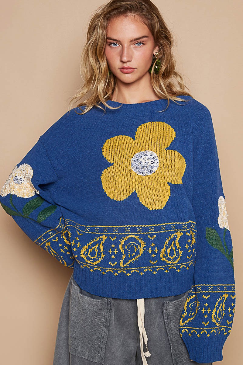 Women's Flower Lace Patch Long Sleeve Sweater