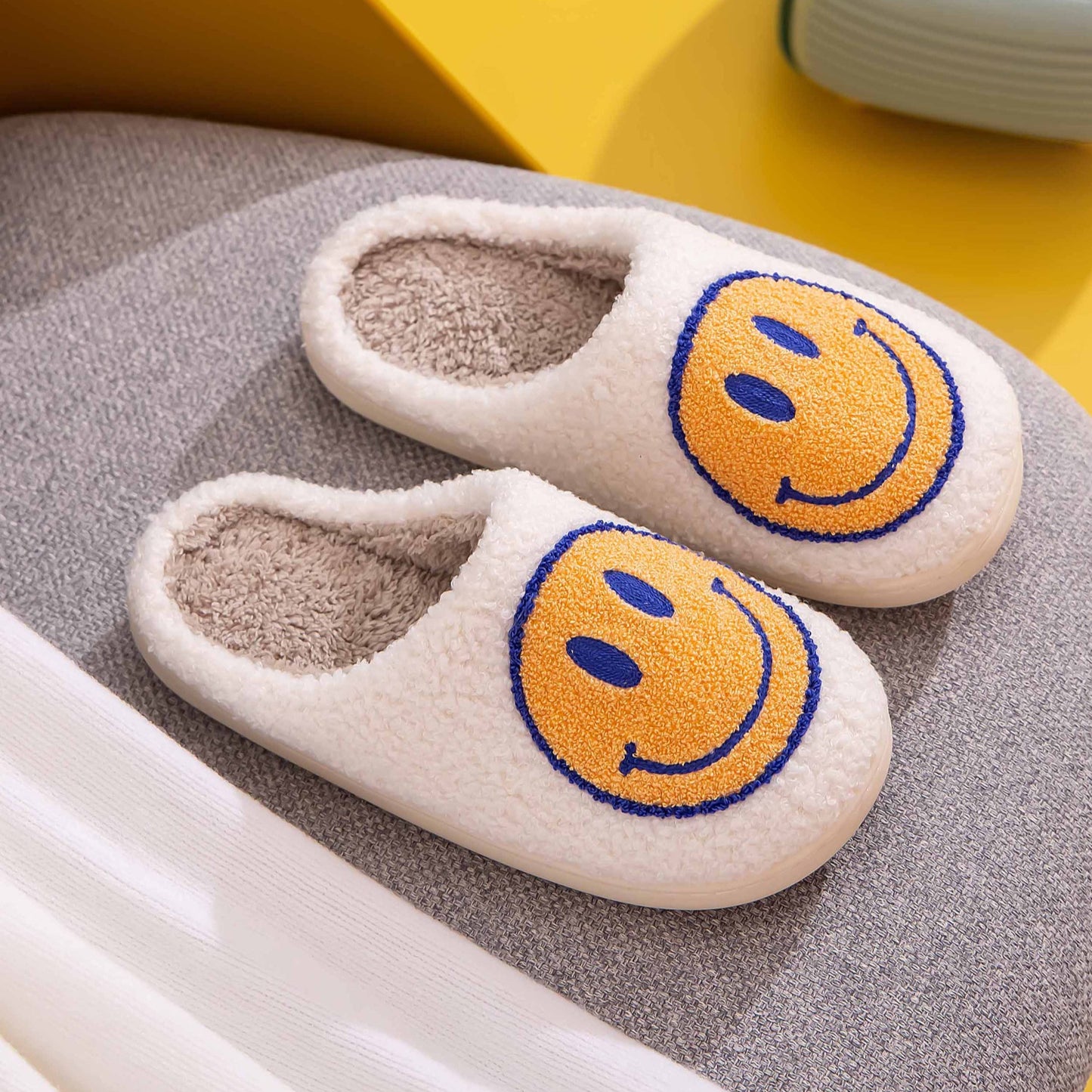 Women's White Melody Smiley Face Slippers