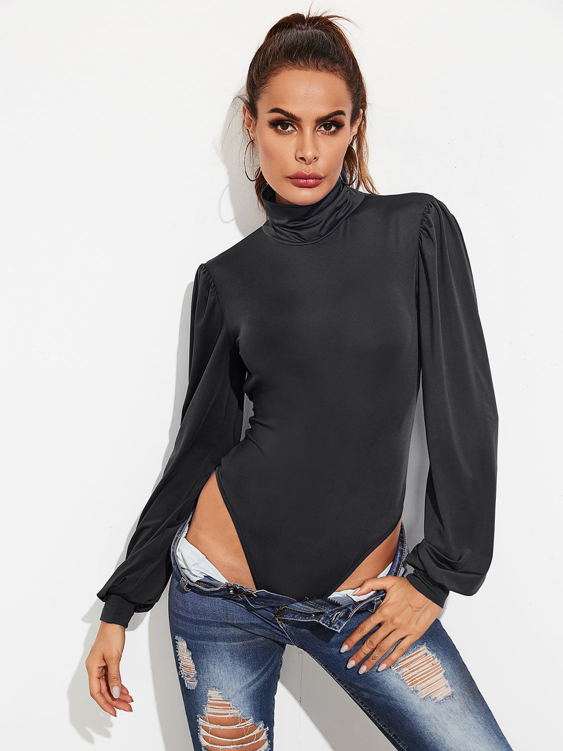 Women's Backless Tie-Waist Turtleneck Lantern Sleeve Thong Bodysuit