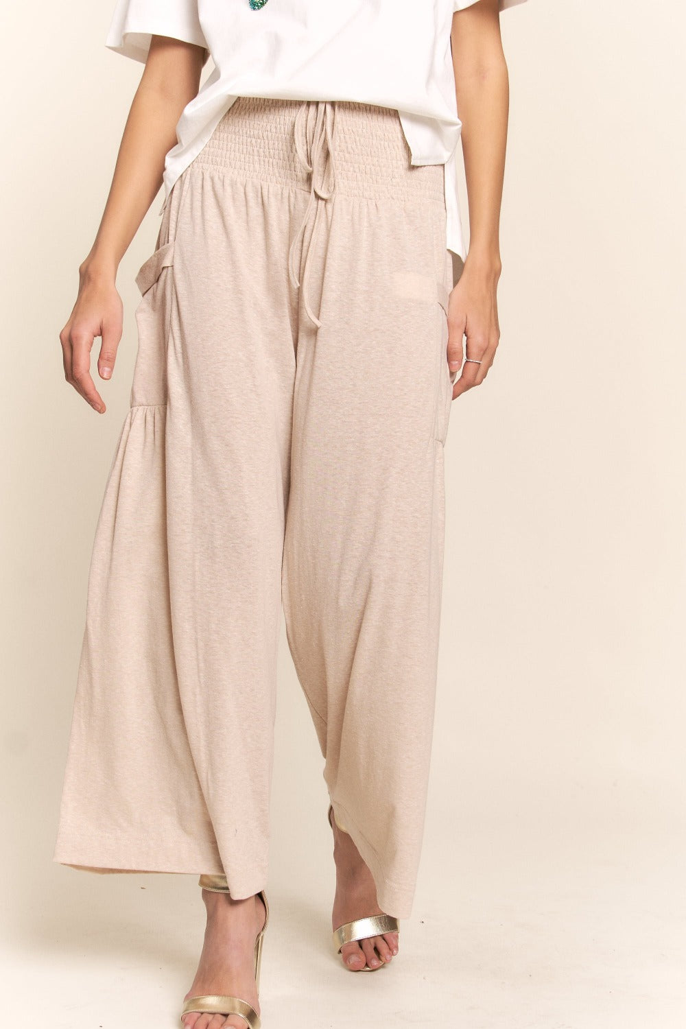 Women's Smocked Waist Boho Wide Leg Pants with Pockets