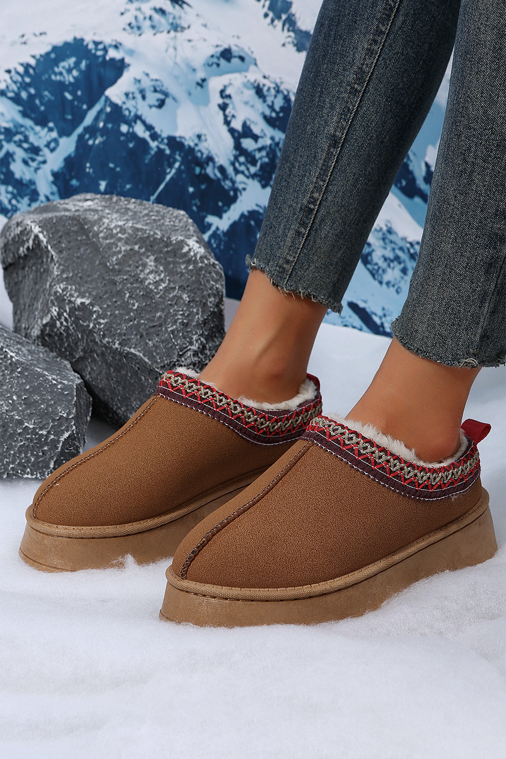 Women's Chestnut Contrast Print Suede Plush Lined Snow Boots