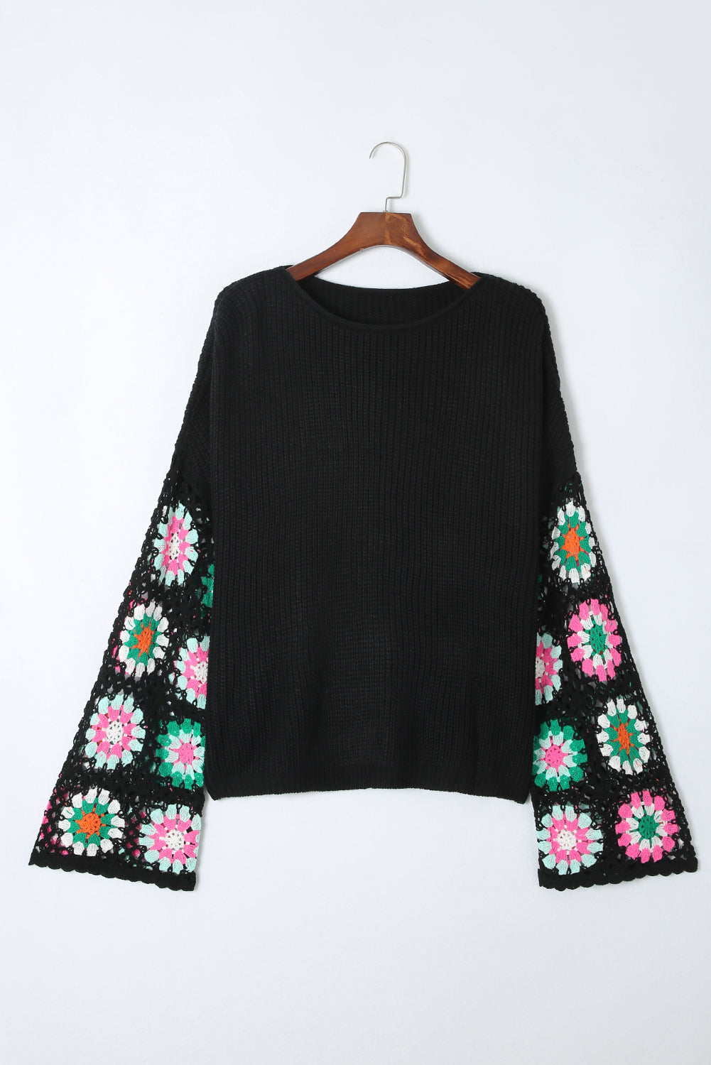 Women's Black Floral Crochet Bell Sleeve Loose Sweater