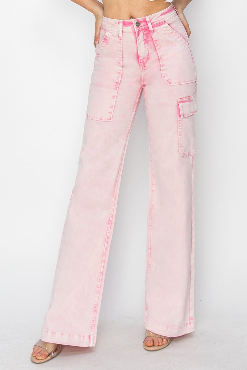 Women's Full Size High Rise Wide Leg Cargo Pocket Jeans in Acid Pink Color Sizes 0-3XL