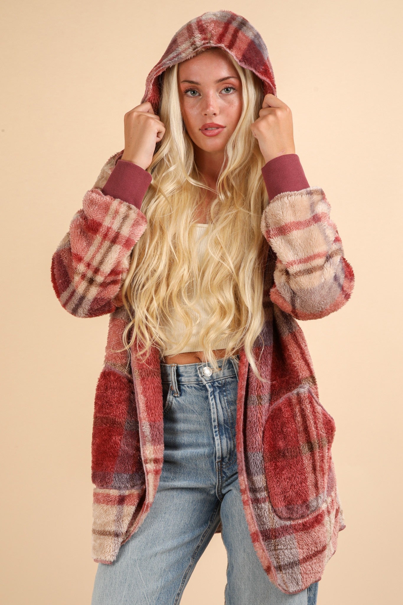 Women's Fuzzy Plaid Long Sleeve Hooded Jacket