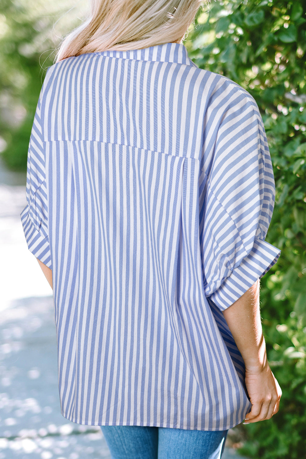 Women's Sky Blue Stripe Dolman Sleeve Oversize Shirt