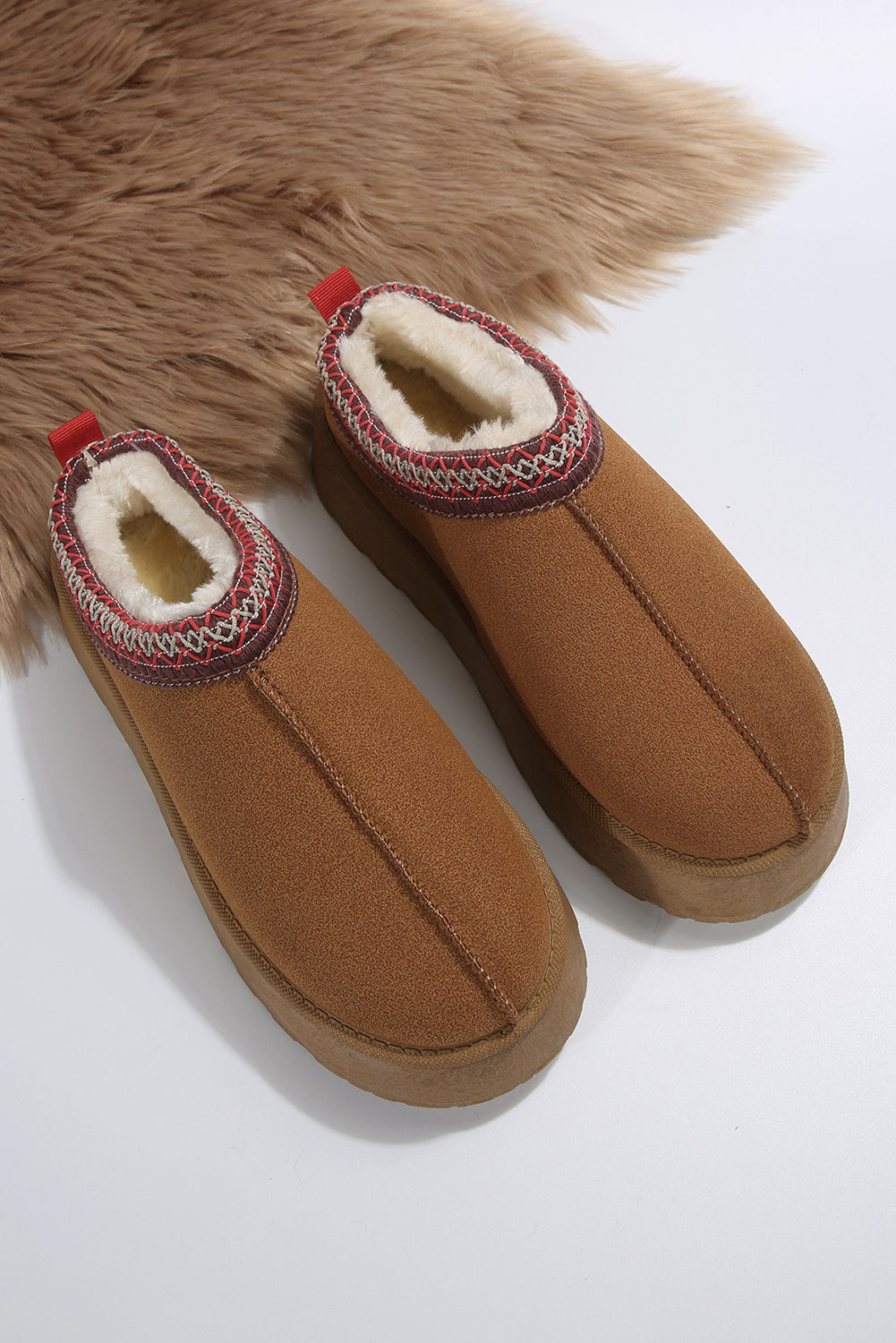 Women's Chestnut Contrast Print Suede Plush Lined Snow Boots