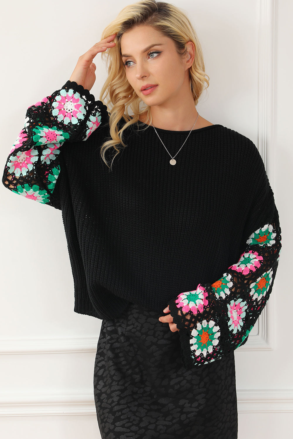 Women's Black Floral Crochet Bell Sleeve Loose Sweater