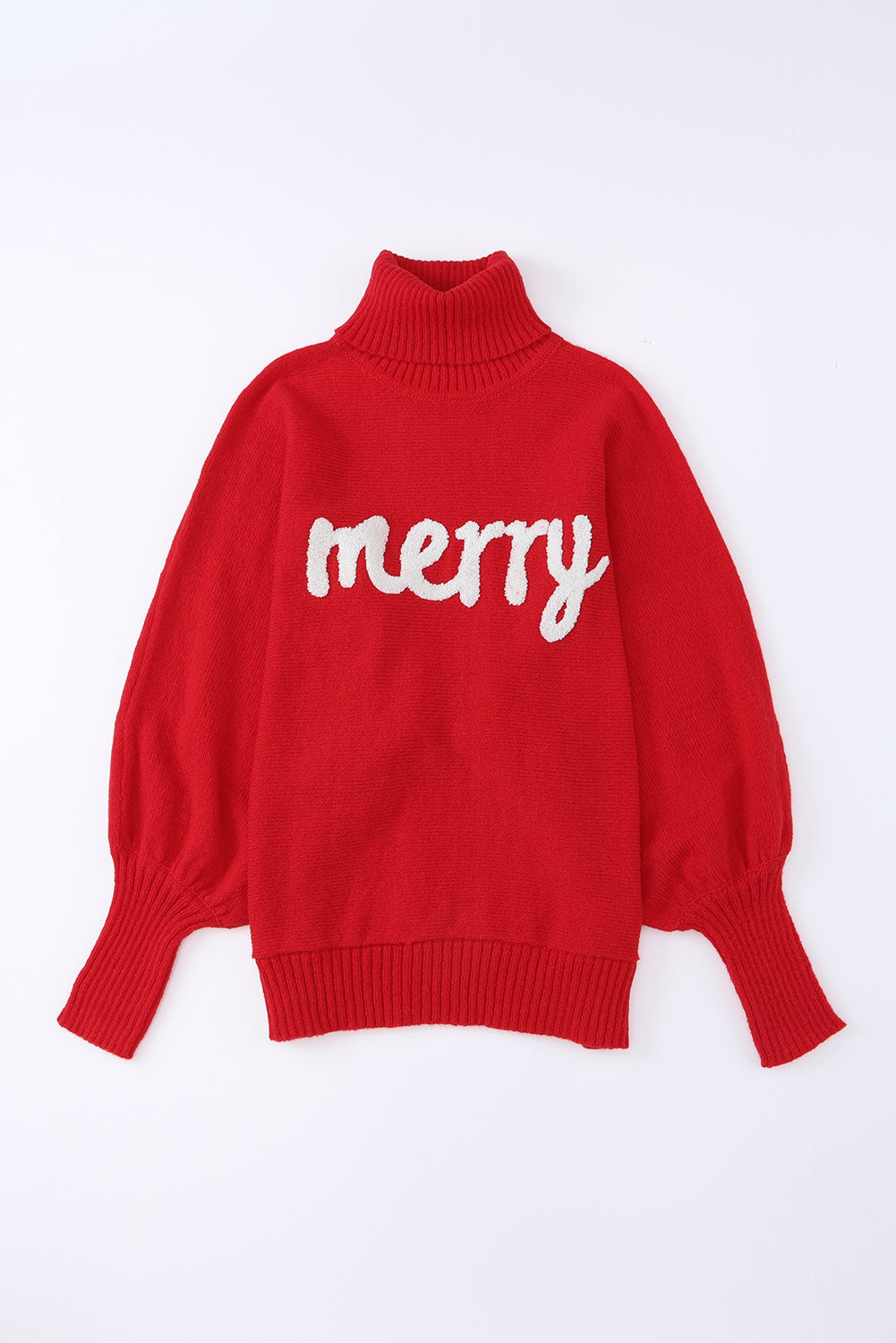 Women's Red Merry Letter Embroidered High Neck Sweater