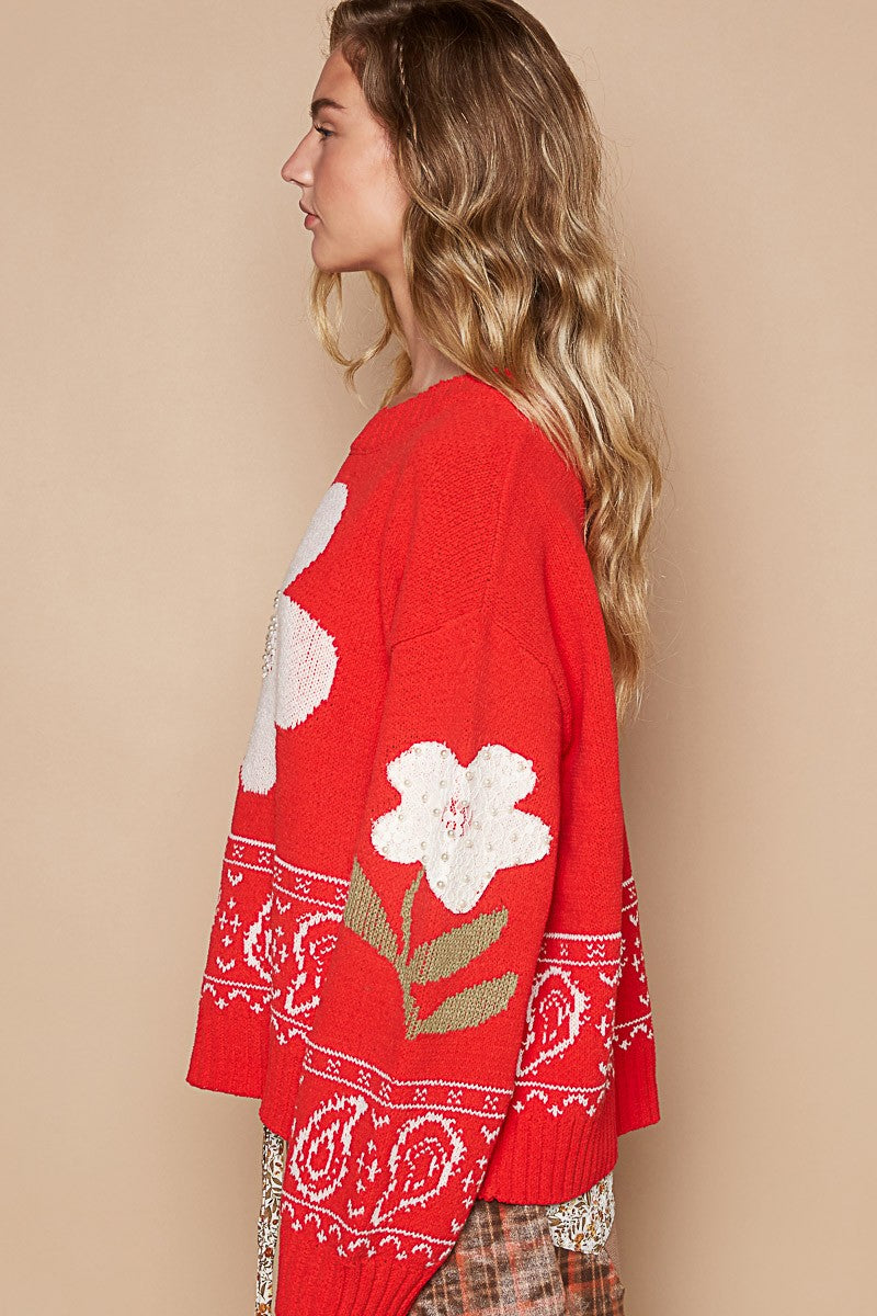 Women's Flower Lace Patch Long Sleeve Sweater