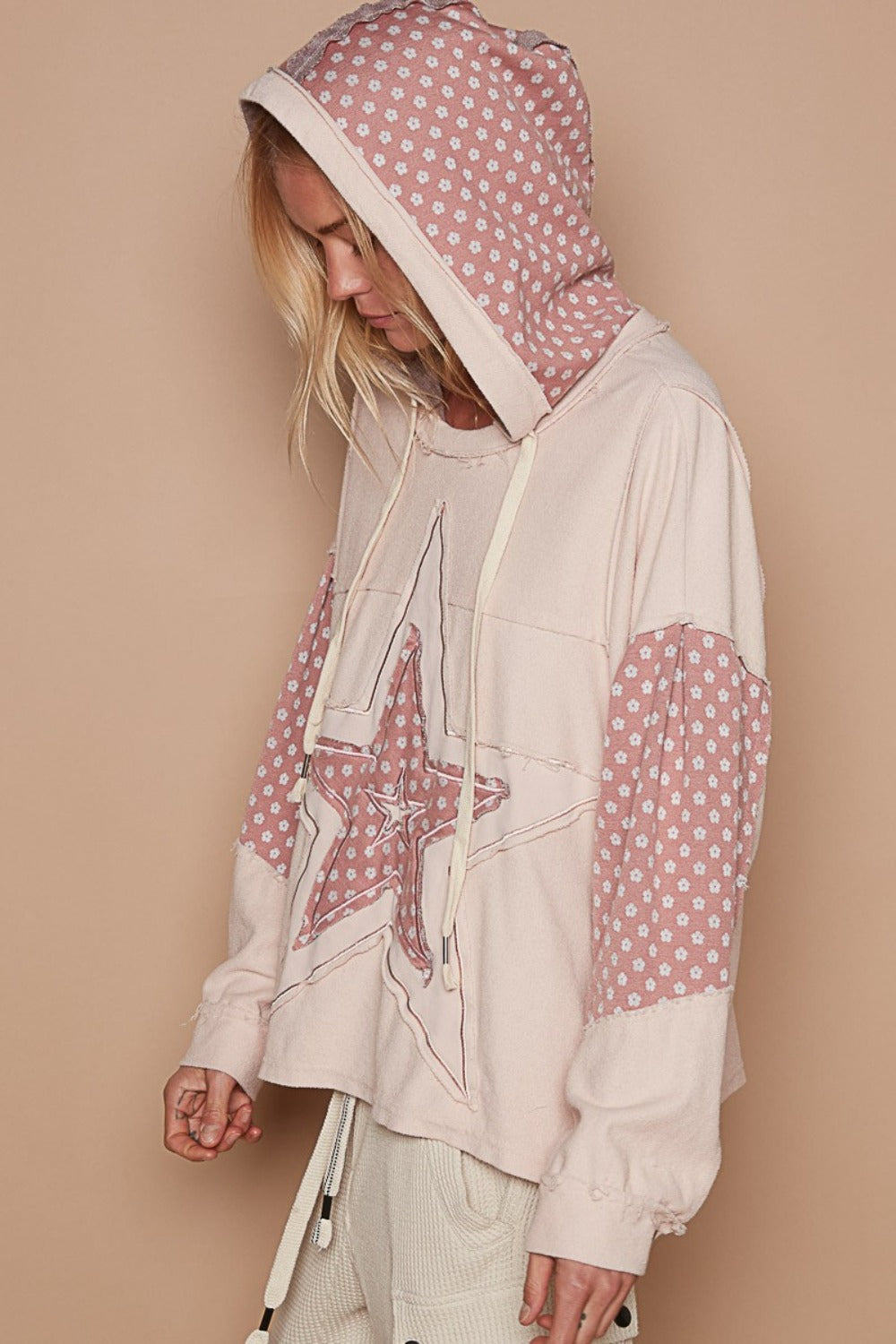 Women's Star Patchwork Raw Edge French Terry Hoodie