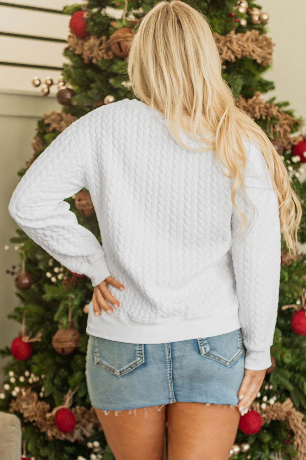 Women's White Merry And Bright Cable Knit Pullover Sweatshirt