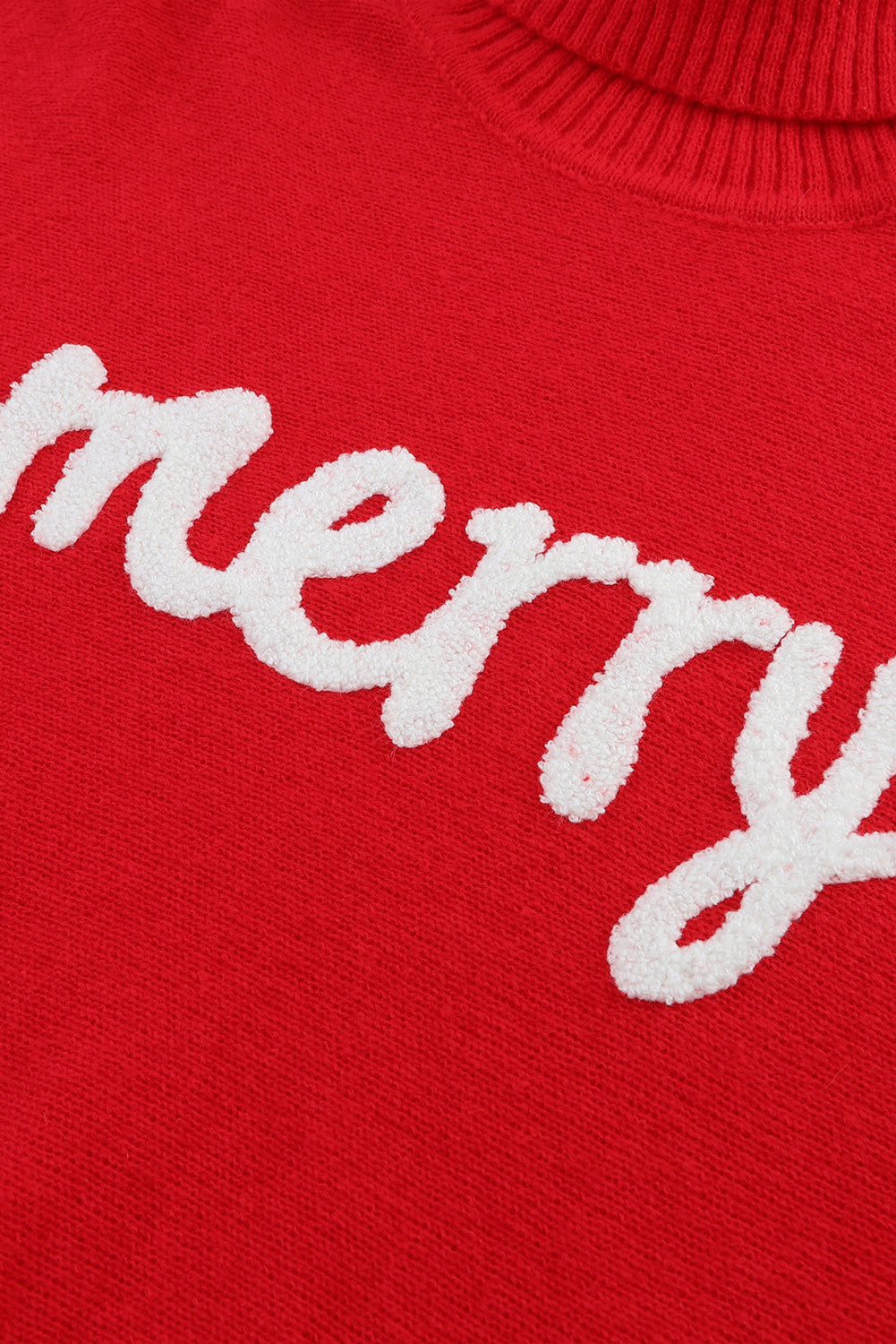 Women's Red Merry Letter Embroidered High Neck Sweater