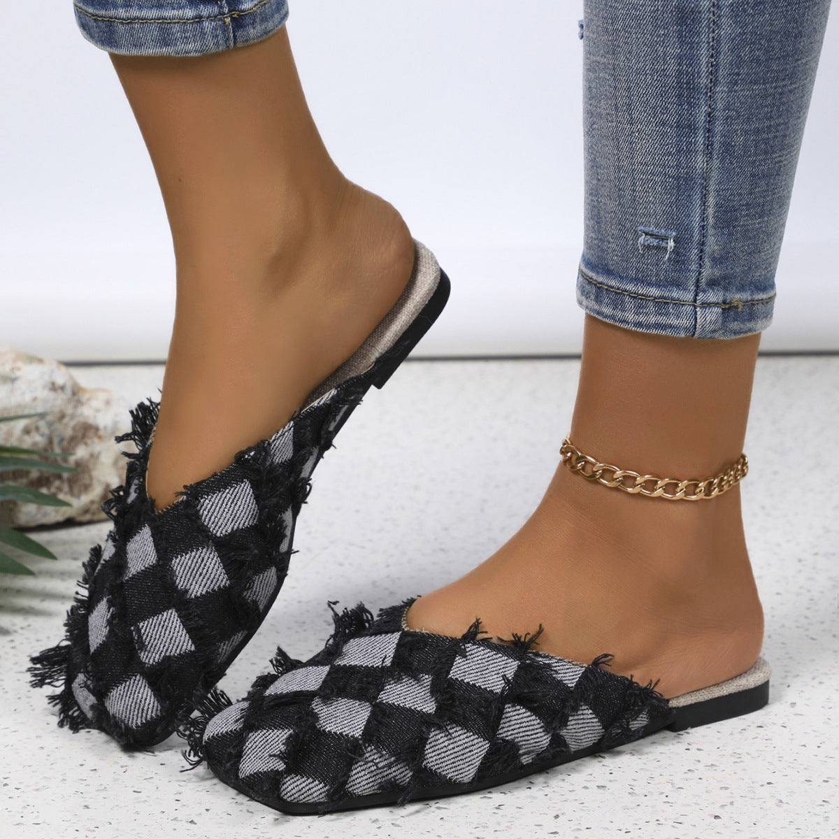 Women's Plaid Square Toe Flat Slippers