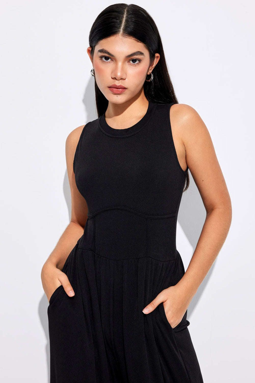 Women's Black Cinched Waist Sleeveless Wide Leg Jumpsuit