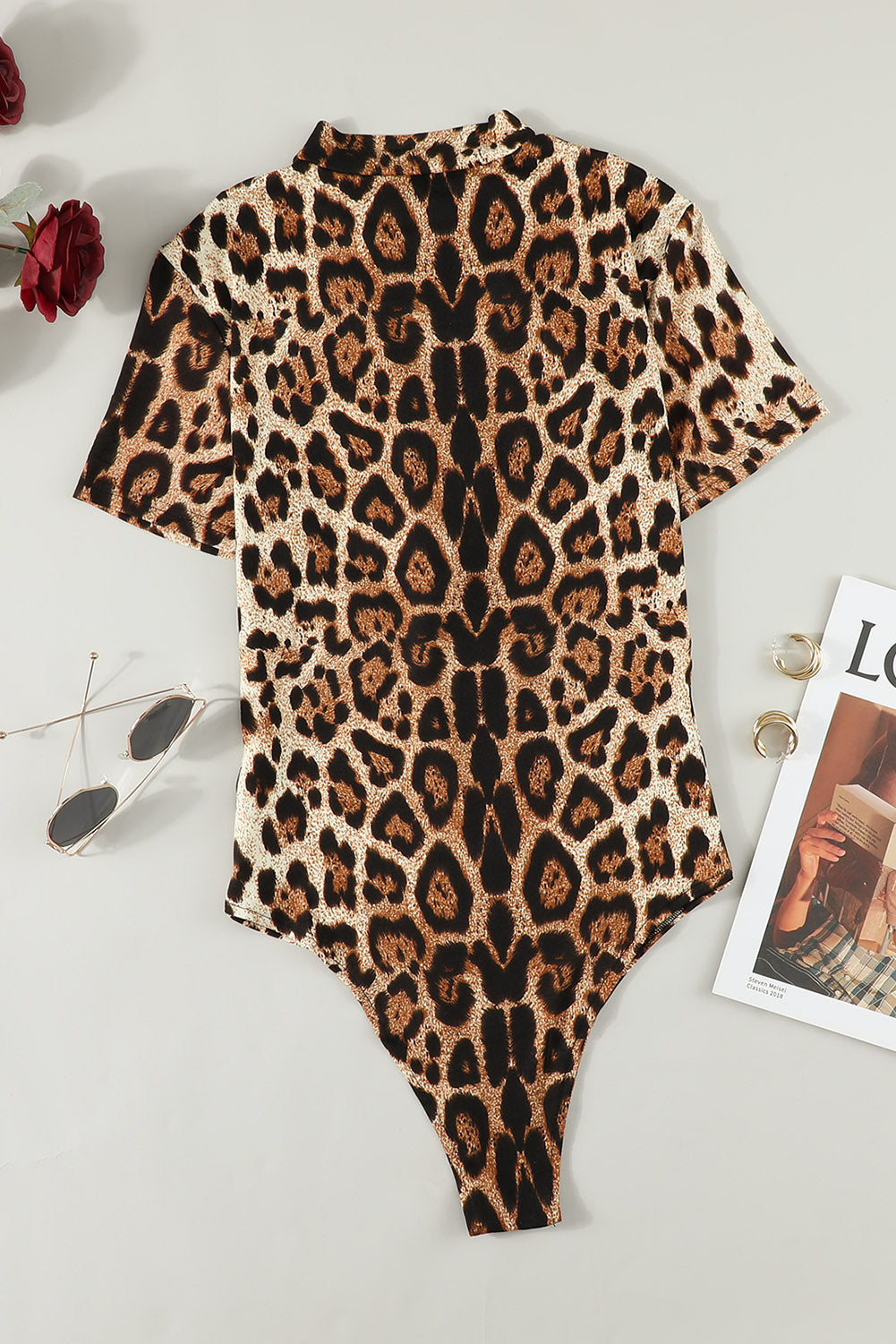 Women's Leopard Half Zip Short Sleeve Bodysuit