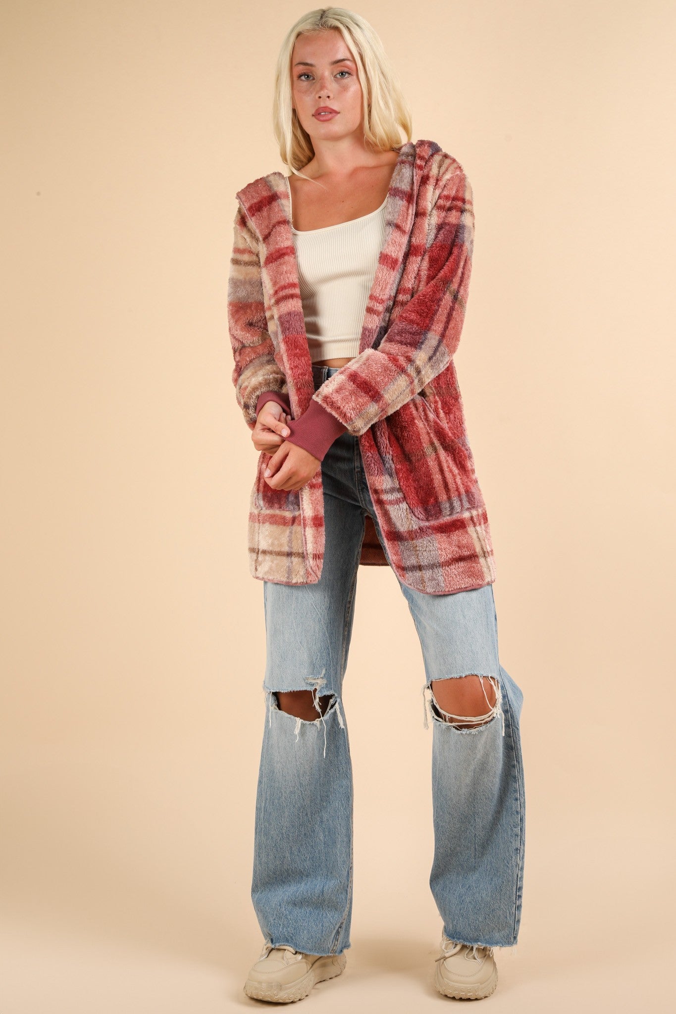 Women's Fuzzy Plaid Long Sleeve Hooded Jacket