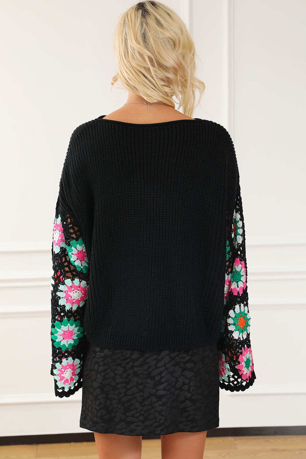 Women's Black Floral Crochet Bell Sleeve Loose Sweater