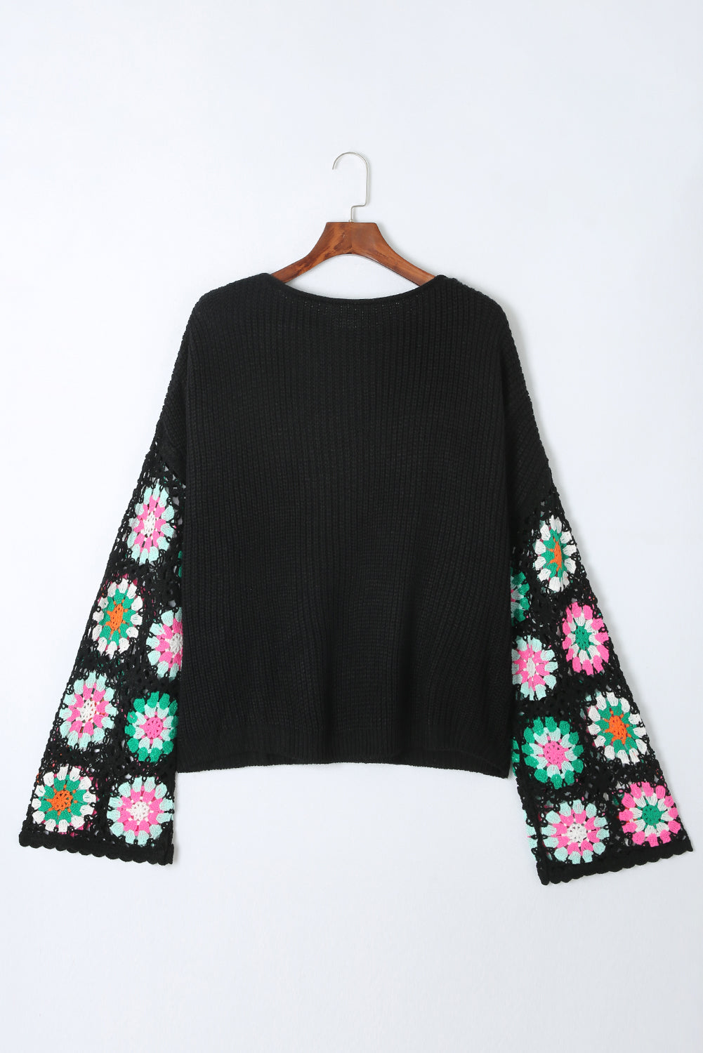 Women's Black Floral Crochet Bell Sleeve Loose Sweater