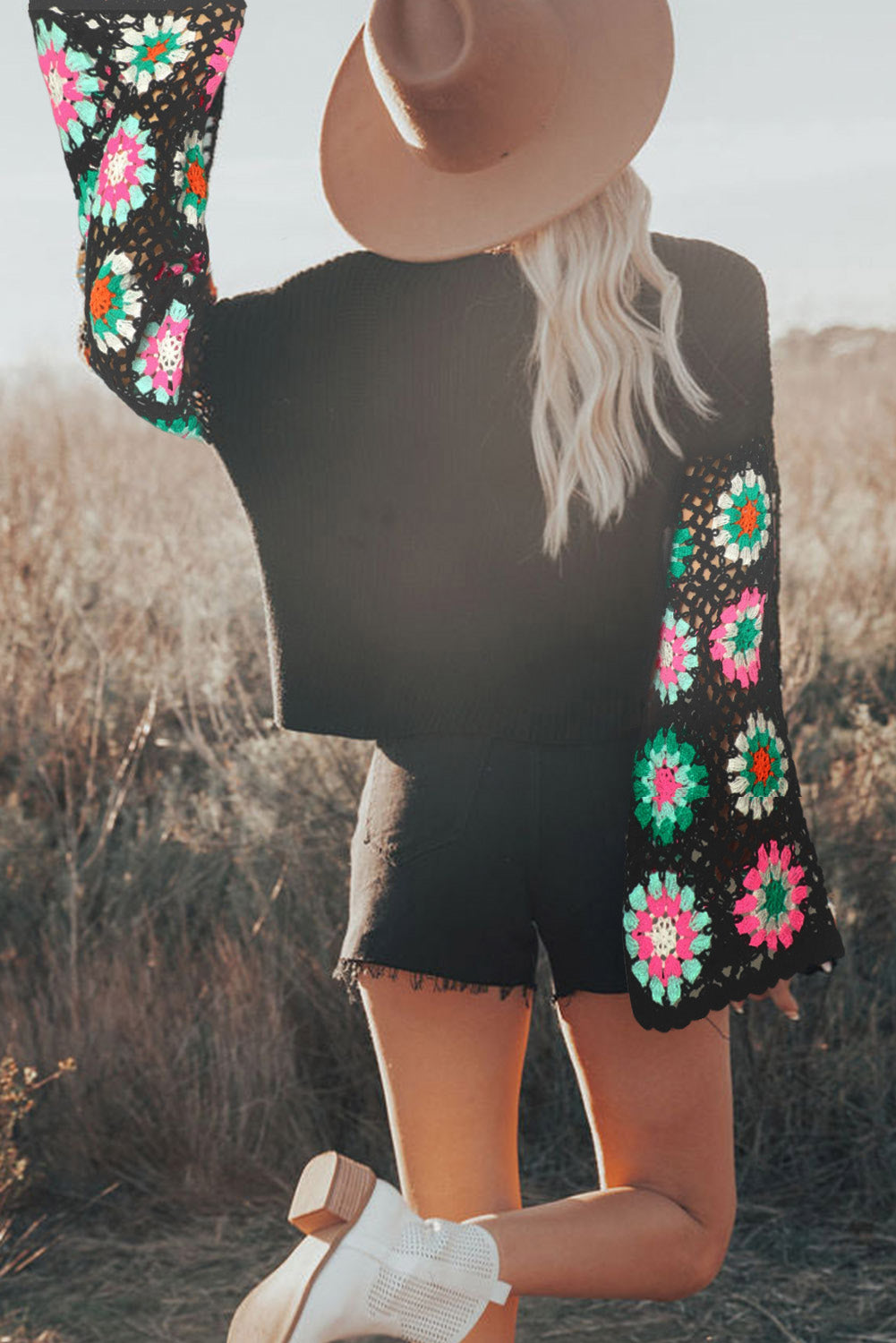 Women's Black Floral Crochet Bell Sleeve Loose Sweater