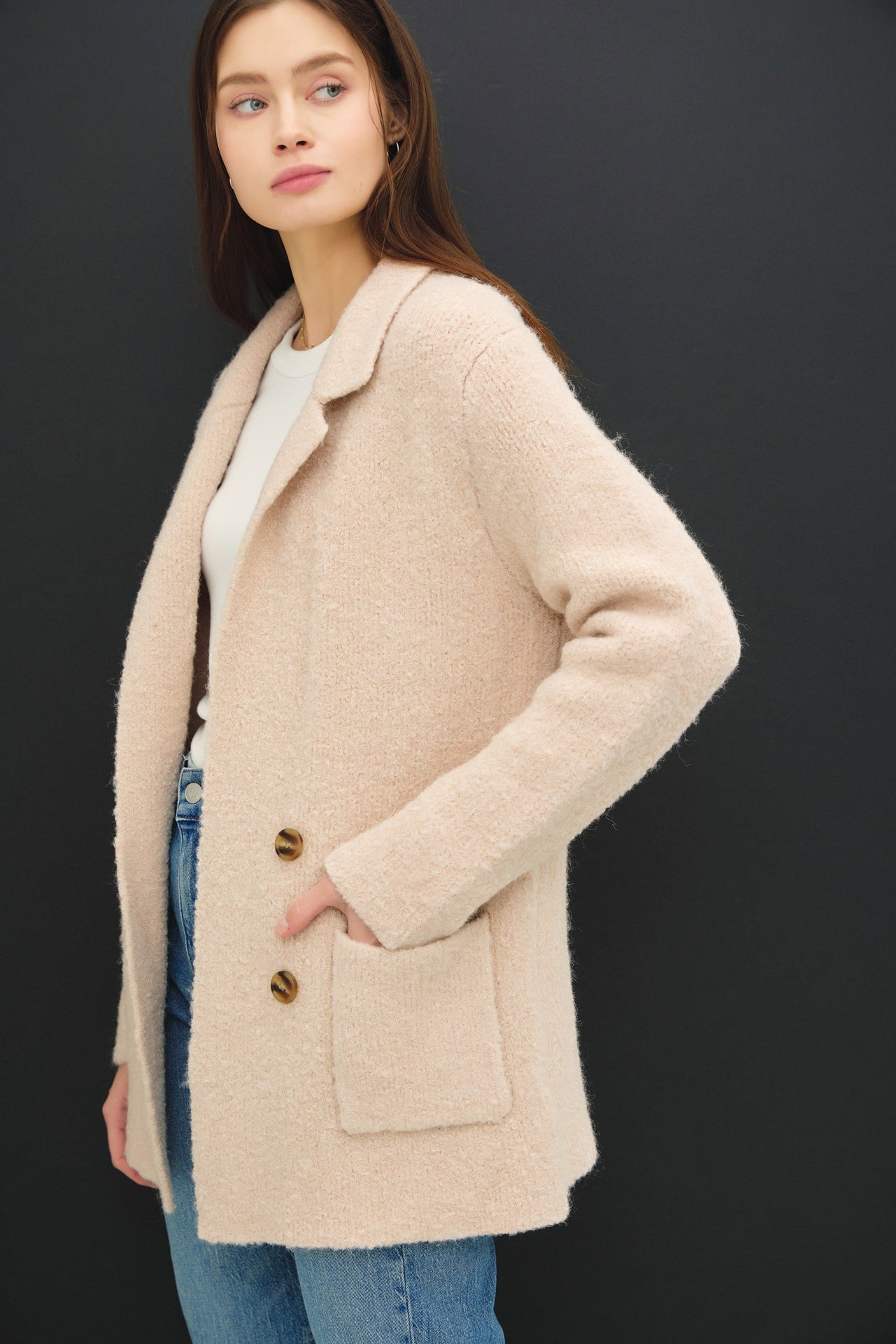 Women's Textured Double-Breasted Coat with Pockets