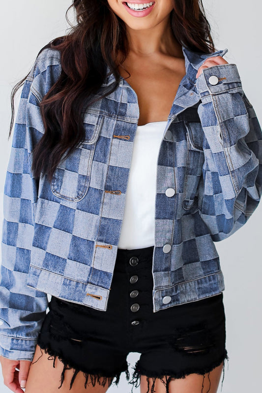 Women's Light Blue Checkered Patchwork Button up Denim Jacket