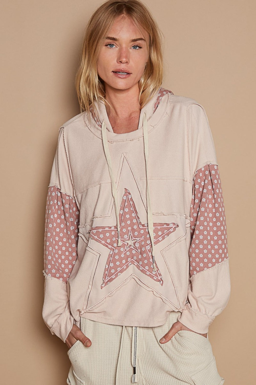 Women's Star Patchwork Raw Edge French Terry Hoodie