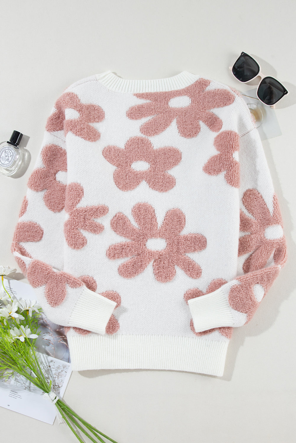 Women's White Textured Flower Drop Shoulder Loose Sweater